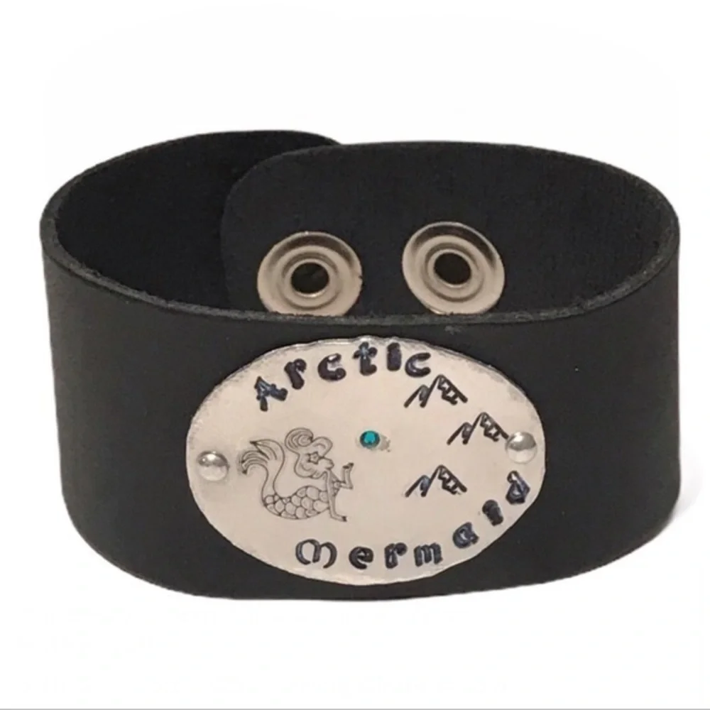 Handmade‎ stamped arctic mermaid Swarovski crystal metal 100% leather bracelet